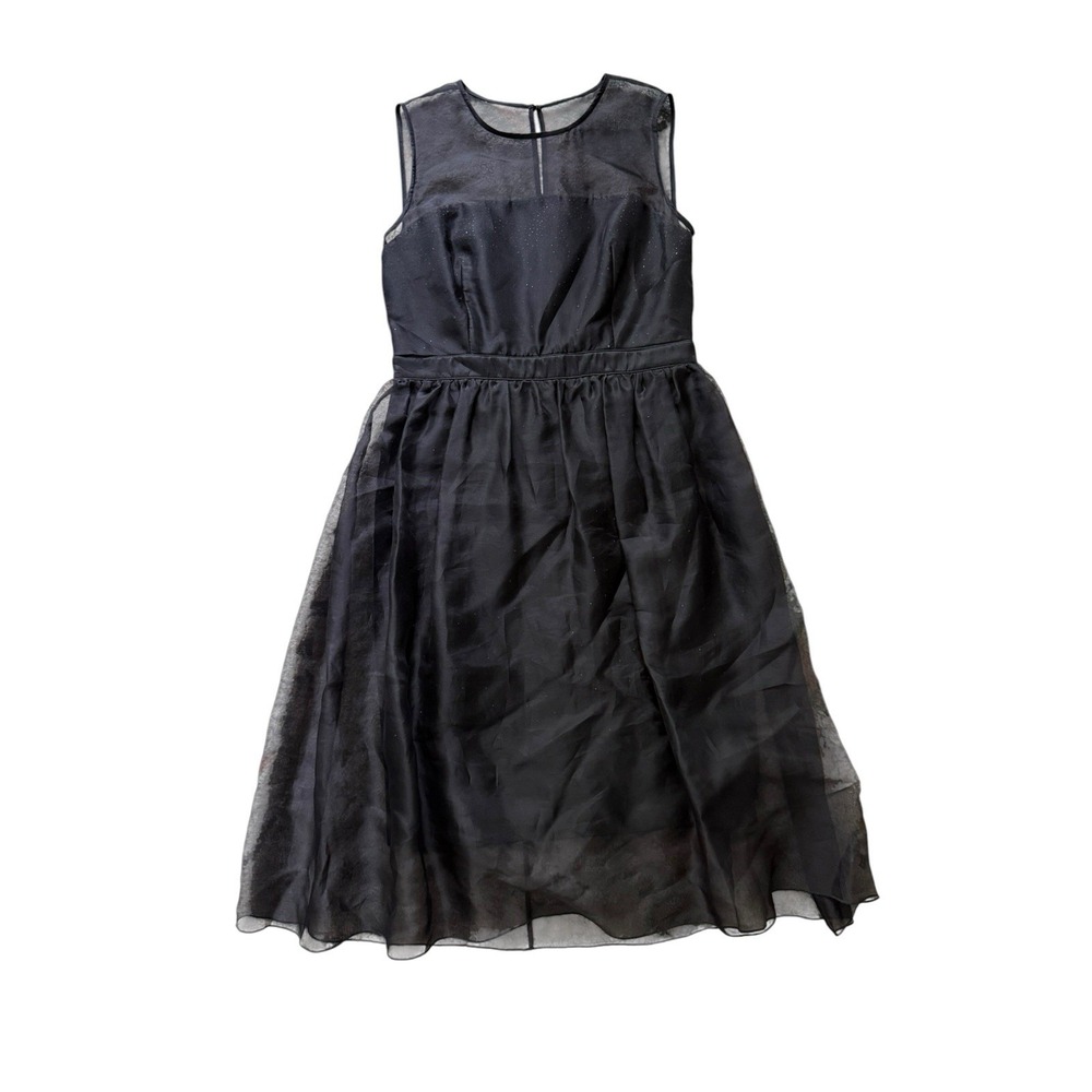 ST. JOHN Wool Blend Midi Dress 12 Black Rhinestones Silk Organza Overlay Jeweled